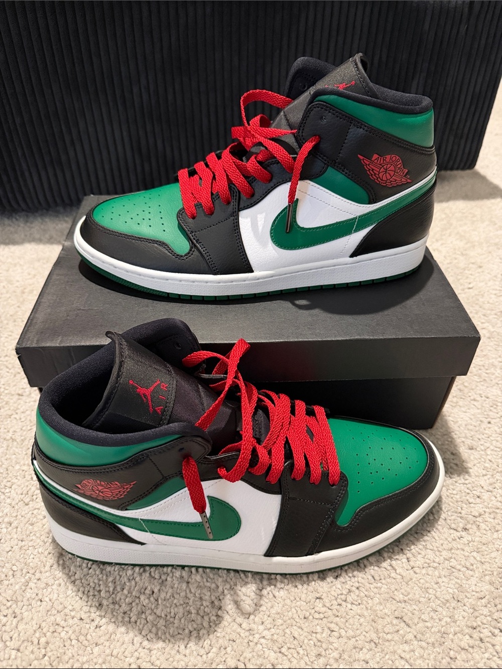 Jordan Mid-Top Sneakers in Green, Black, White with Red Laces